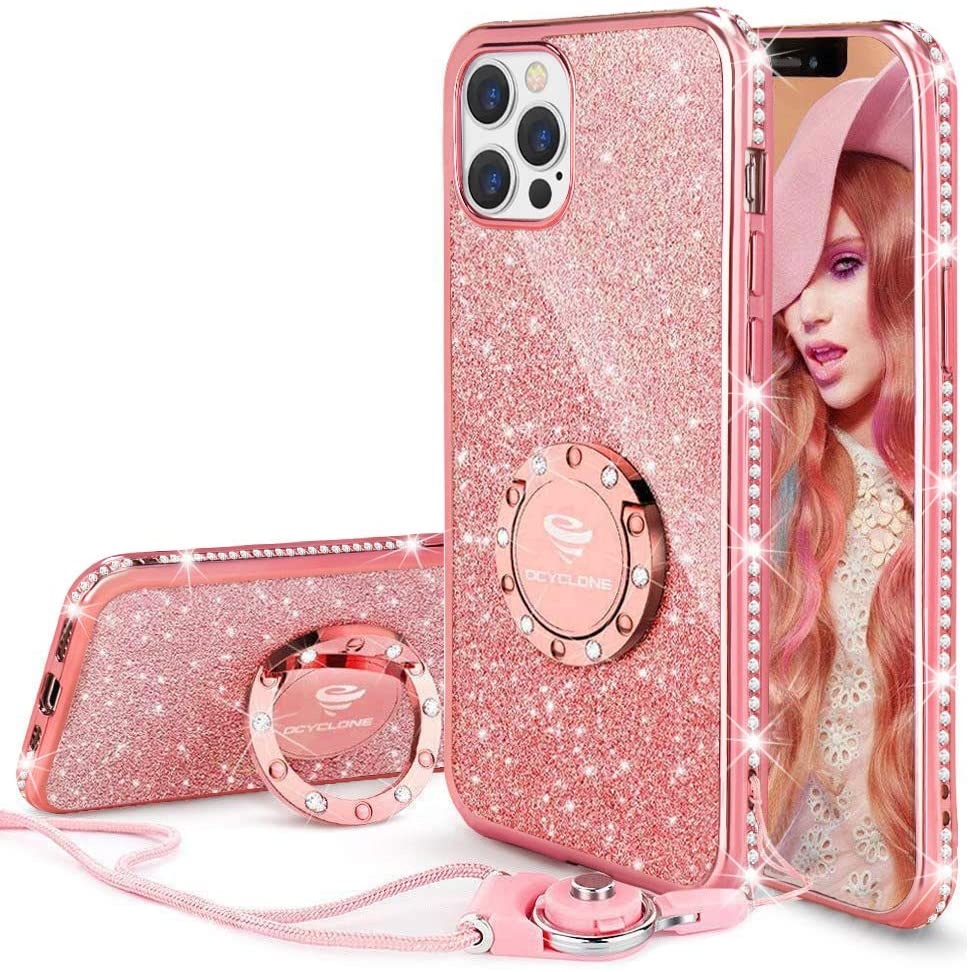 Compatible for iPhone 12 Pro Max 6.7“ Case with Strap & 360 Degree Finger Ring Holder, Babemall Elegant Premium Bling Square Protective Shock